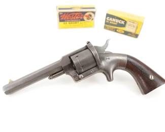 Make: LW Pond
Model: Civil War Era Revolver
Caliber: .32 Short
Action: SA
Barrel: 4
Bore: Dark
Serial # 1772
Condition: Very Good
L.W. Pond . 32 rimfire caliber, 6-shot revolver, Civil War era revolver. This was at a time when S&W was selling all the Smith & Wesson #2 Army revolvers they could produce to fill the gap they had these made. With smooth Rosewood grips and a 5” barrel.,Action is very strong and lock up solid. Works perfectly. Grips show some little aging at the edges but generally very good. Serial #1772. All matching on the cylinder, barrel, frame and cylinder pin. Here is a chance to have a period correct gun. This Revolver is sold with 2 Boxes of 32 short ammo. 1 box of Western Lubaloy 80 Gr and 1 box of Canuck 80 GR. This revolver remains in very good condition for its age showing normal signs of use and wear.