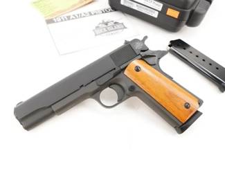 Make: Rock Island Armory
Model: M1911 A1-FS
Caliber: .45 ACP
Action: Semi
Barrel: 5
Bore: Shiny
Serial # RIA2745474
Condition: Great
Rock Island Armory M1911 GI Standard 45 Auto (ACP) 5in Parkerized Pistol - 8+1 Rounds - Fixed, low profile sights and traditional smooth slim design are perfect for quick pull holster use. A durable parkerized finish gives it a tough, smooth, non-reflective surface. Smooth wood grips offer comfort in both feel and design. The 5in barrel offers a balanced weight to assist with the accuracy and recoil that made the original 1911 design famous. True to all Rock Island 1911s, the GI Standard comes with a crisp factory 4- to 6-pound trigger for a great experience right out of the box. This Pistol is Sold with 2 Factory mags and original case. This remains in great condition showing normal signs of use and wear. 