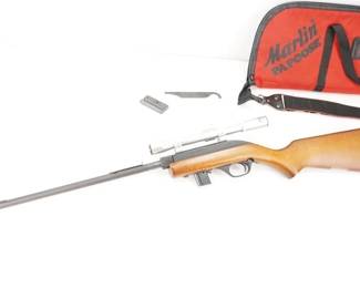 Make: Marlin
Model: 70P
Caliber: .22 LR
Action: Semi
Barrel: 16
Bore: Shiny
Serial # 10290393
Condition: Very Good
The Marlin Model 70P, also known as the Marlin Papoose, is a .22 Long Rifle semi-automatic rifle manufactured by Marlin Firearms. The rifle is notable for its portability; it is less than 21 inches (530 mm) in length when disassembled and weighs 3.25 pounds. Disassembly requires loosening a barrel retention nut by hand or with a supplied tool. It is designed as a hiker and camper utility rifle, and appeals to the same market as the AR-7. Sold with a scope and its original case, this rifle is in very good condition, showing normal signs of use and wear. 