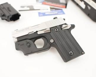 Make: Sig Sauer
Model: P238
Caliber: 380 Auto
Action: Semi
Barrel: 2.6
Bore: Bright
Serial # 27A101394
Condition: Great
The SIG Sauer P238 is a compact .380 ACP caliber, single-action pistol announced by SIG Sauer at the 2009 SHOT Show. It is modeled after the M1911, similar to the Colt Mustang. This Pistol comes Paired with a Sig Laser and is sold with one mag, Factory box and a holster. This pistol remains in Great condition showing normal signs of use and wear.