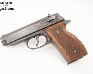 Make: Sterling Arms
Model: 402
Caliber: 32 ACP
Action: Semi
Barrel: 3.5
Bore: Frosty
Serial # F01502
Condition: Good
Pistol with rolling block safety and push button magazine release. Introduced in the early 1980's for a couple of years. Rear sight adjustable for windage and elevation. The company ceased operations in 1984. Most production of this model was in .380 caliber. This pistol is chambered in .32 acp and is in very good condition, showing normal signs of use and wear. 