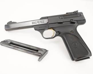 Make: Browning
Model: Buck Mark
Caliber: .22 LR
Action: Semi
Barrel: 5.5
Bore: Shiny
Serial # 655NX31354
Condition: Excellent
The Buck Mark pistol is one of the most proven 22 rimfire designs in the world today. It superseded the original Challenger series of Browning 22 Long Rifle pistols in about 1985. Over the years the design of the Buck Mark has remained very similar with refinements most often in aesthetic design, grips and finishes. This pistol comes with 2 mags. This firearm is in excellent condition 