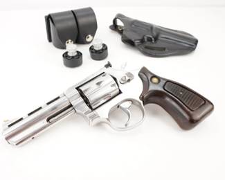 Make: Taurus
Model: 689
Caliber: .357 mag
Action: DA
Barrel: 4
Bore: Shiny
Serial # MF793896
Condition: Very Good
Importer: Taurus INT. MFG.
Seen in Various Films, The Taurus Model 689 is a double action/single action .357 magnum revolver produced in Brazil by Taurus. The Taurus 689 was produced from 1988–1998. This revolver has a 4” Shiny barrel and is sold with a Holster. This revolver is in very good condition showing normal signs of use and wear.