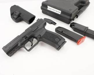 Make: Century Arms
Model: TP9v2
Caliber: 9x19
Action: Semi
Barrel: 4
Bore: Bright
Serial # 15AI01282
Condition: Very Good
Importer: Century Arms Inc
9mm Para. cal., polymer frame, 4.07 in. match grade barrel, two 13 or 18 shot mags., improved DA/SA trigger, ambi top slide mounted decocker, loaded chamber indicator, reversible magazine catch, Mil-Std 1913 Picatinny rail, AFC magazine coating, interchangeable backstraps, cleaning rod,The Canik TP9v2 and TP40v2 pistols are dimensionally the same as the original TP9 pistol with several improvements. The grip has been textured, the front strap straightened, the palm-swell has been extended and the trigger guard has been squared. The pistol features a threaded barrel and is sold with 2 mags, the factory case, and all the accessories.
