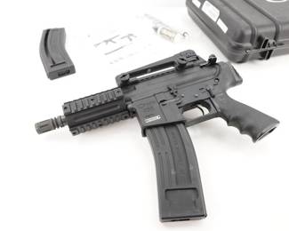 Make: Chiappa
Model: M Four-22
Caliber: 22 LR
Action: Semi
Barrel: 7.5
Bore: Shiny
Serial # 12F85555
Condition: Excellent
Chambered in 22LR featuring a 7.5 inch barrel with shiny bore. The M four-22’s upper and lower receivers are made of high-strength polymer with a matte-black finish and built to mimic the M4’s dimensions. This pistol comes with the factory case, 2 mags and a cleaning kit. This pistol is in excellent condition showing normal signs of use and wear.