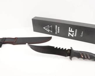 Make: Kratos Company
Model: ZF5
Caliber: Bowie Knife
Barrel: 7
Condition: New
This is a specialty 440c hardened stainless steel full tang 7" fixed blade (bolted through handle), with a 5" Rubber handle. 20 degree double bevel sharp durable edge. The handle includes a Glass breaker tip. The metal is long lasting and corrosive resistant. This Hunting Knife is great for the outdoors, general purpose, survival camping, & bush craft. The handle offers great durability and aesthetic appeal with a comfortable grip.