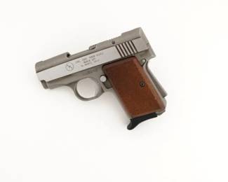 Make: AMT
Model: Back Up
Caliber: .380/9mm Kurz
Action: Semi
Barrel: 2.5
Bore: Shiny
Serial # TMR23223
Condition: Very Good
The AMT Backup is a small semi-automatic pistol. It was first manufactured by the Ordnance Manufacturing Corporation (OMC) of El Monte, CA.OMC produced a short run of these pistols before the tooling was purchased by Arcadia Machine & Tool, who took over production. AMT .380 ACP Backup pistols were made by AMT in El Monte, Covina California, and Irwindale, CA. This Backup is chambered in .380 ACP/ 9mm Kurz and is sold with one magazine. The pistol is in very good condition, showing normal signs of use and wear. 