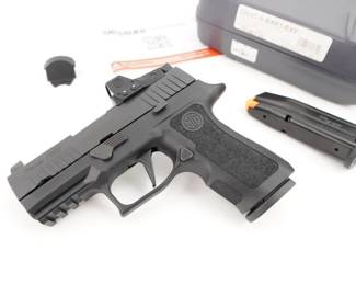Make: Sig Sauer
Model: P320
Caliber: 9mmx19
Action: Semi
Barrel: 3.5
Bore: Shiny
Serial # 58K151893
Condition: Excellent
Featuring SIG SAUER's exclusive slide-mounted optic, the ROMEO1 PRO, the RXP will ensure faster sight acquisition on target. Simply put, it will make a good shooter a great shooter. Shoot confidently with faster target acquisition and improved accuracy. Installed. Zeroed. And backed by the quality of the SIG name.The P320 Compact offers a smooth, crisp trigger to make any shooter more accurate, an intuitive, 3-point takedown and unmatched modularity to fit any shooter and any situation. Its compact frame is ideal for target shooting and home defense, as well as many concealed carry scenarios. The pistol, chambered in 9mm, is new in the box and comes with 2 magazines, factory box and backstraps.