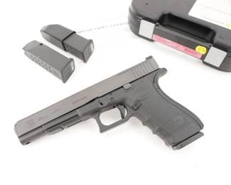 Make: Glock
Model: 40 Gen4
Caliber: 10mm Auto
Action: Semi
Barrel: 6
Bore: Bright
Serial # BBAU782
Condition: Excellent
Importer: Glock Inc
The G40 Gen4 in MOS Configuration is chambered in 10 mm Auto and combines a long slide and barrel for improved velocity with a high magazine capacity. The Modular Back Strap design and the reversible magazine catch let you instantly customize its grip to adapt to accommodate any hand size. This firearm comes with its original box, 3 mags and a speed loader.