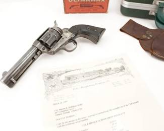 Make: Colt
Model: Singe Action Army
Caliber: .38 WCF
Action: SA
Barrel: 4.75
Bore: Frosty
Serial # 283059
Condition: Very Good
First Generation Colt Single Action Army in .38 W.C.F with a 6 shot capacity and a 4.75â€ Barrel. All Numbers Matching. Colt authenticated in 1997 with a ship date of September 20, 1906. Shipped to A. Baldwin & Company in New Orleans Louisiana with only 3 firearms in the shipment. This Revolver Comes with a time appropriate leather belt holster and a Vintage box of 50 ultramax ammo 38-40 180 GR round nose flat point. 42 of which are spent casings and 8 live rounds. Colt authenticated letter and Hard case are included as well. This Revolver is in Very Good condition showing normal signs of use and wear. 