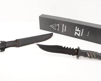 Make: Kratos Company
Model: ZF5
Caliber: Bowie Knife
Barrel: 7
Condition: New
This is a specialty 440c hardened stainless steel full tang 7" fixed blade (bolted through handle), with a 5" Rubber handle. 20 degree double bevel sharp durable edge. The handle includes a Glass breaker tip. The metal is long lasting and corrosive resistant. This Hunting Knife is great for the outdoors, general purpose, survival camping, & bush craft. The handle offers great durability and aesthetic appeal with a comfortable grip.