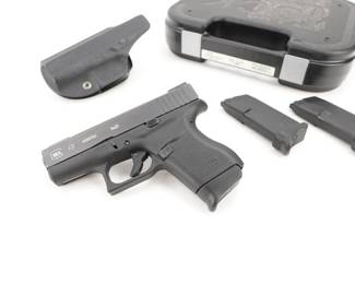 Make: Glock
Model: 43
Caliber: 9x19
Action: Semi
Barrel: 3.25
Bore: Bright
Serial # ZRZ192
Condition: Great
The already legendary G43 is a GLOCK Single stack, 9 mm Luger caliber pistol. It is ultra-concealable, accurate and a fantastic tool for all shooters. The pistol is sold with a holster, 3 mags and the factory case. The firearm is in very good condition, showing normal signs of use and wear.
