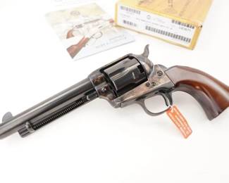 Make: A.Uberti
Model: Cattleman 1873
Caliber: .44 BP
Action: SA
Barrel: 5.5
Bore: Shiny
Serial # UX3671
Condition: Great
Country: Revolver
The Uberti 1873 Cattleman black powder model is manufactured by Uberti just like the standard cartridge 1873 Cattleman revolvers. It features a steel frame and is chambered in 44 caliber. It is a great option for people who want the look of the 1873 Single Action without needing to use cartridge ammunition. This 44 caliber percussion revolver has all the features a cartridge Colt Single Action Army revolver, but with a removable black powder cylinder. Authentic color case hardened steel frame, fluted cylinder, fixed sights and 1-piece walnut grips. This Revolver is sold with factory box and remains Great condition showing normal signs of use and wear. 