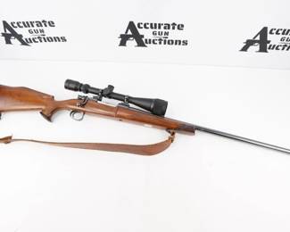 Make: Winslow Arms Company
Model: Bush-Custom
Caliber: .257 ACK-IMP
Action: Bolt
Barrel: 26
Bore: Bright
Serial # 19532
Condition: Excellent
Winslow Arms company began making custom rifles in 1962 out of Osprey, FL. They used various actions including Belgium FN Mauser, Remington 700, Sako L461, and Winchester 70 and used custom stock and barrel configurations. This beautiful rendition uses the Mauser action and and is chambered in .257-ACK IMPROVED. The rifle is sold with a metal hard case and a Tasco long range scope. The rifle is in excellent condition, showing normal signs of use and wear.