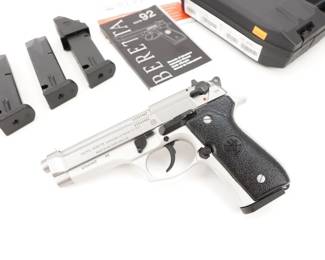 Make: Beretta
Model: 92FS
Caliber: 9x19
Action: Semi
Barrel: 4.9
Bore: Shiny
Serial # A334346Z
Condition: Excellent
Importer: Beretta Usa Corp.
Country: Pistol
The Beretta 92 FS is a double/single-action semi auto pistol that employs an open-slide, short-recoil delayed locking-block system, which yields a faster cycle time and delivers exceptional accuracy and reliability.the most accurate, durable and reliable semi-automatic pistol on the market. Easy to use, absolutely safe and with impressive firepower, it remains the best military, police and tactical pistol for over a quarter of a century. This pistol comes with a carry case and 4 mags. This firearm is in excellent condition, showing normal signs of use and wear. 