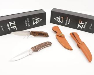 Make: Kratos Company
Model: ZFS2
Caliber: 2 Knife Bundle
Barrel: 3.2
Condition: New
2 in box new Kratos ZFS2 Knives. This is a specialty 440 hardened high carbon stainless steel full tang 3.2" fixed blade, with a 4.36" wood handle. The blade hardness is 48 - 52 with a 30-degree double bevel sharp durable edge. The metal is long lasting and corrosive resistant. This Hunting Knife is great for the outdoors, general purpose, survival camping, & bushcraft. The handle offers great durability and aesthetic appeal with a comfortable grip. 