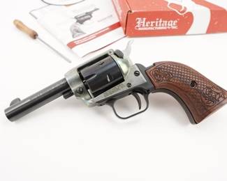 Make: Heritage
Model: Bar Keep
Caliber: .22 LR
Action: SA
Barrel: 3.5
Bore: Bright
Serial # 1BH625807
Condition: Excellent
A pint-sized revolver with an Old West flair! Meet the Heritage Barkeep. Built for optimal concealability in a light and portable package, the Barkeep boasts fixed open sights for fast action and a clean sight picture. This Revolver is chambered in .22LR and features a 3.5” barrel and Custom Scroll Wood Grips. This revolver is sold with factory box and remains in Excellent condition showing little signs of use and wear. 