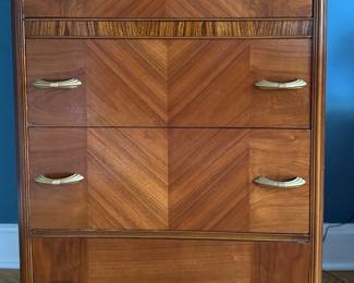 Art Deco Waterfall Style Highboy Dresser. Mahogany & Walnut. Measures 32" W x 17" D x 52" H. Photo 1 of 2.