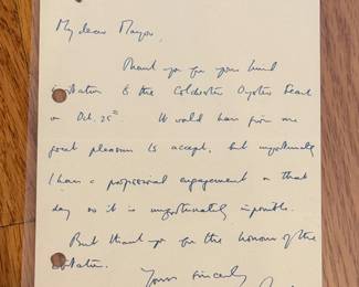 Handwritten Note By English Composer & Conductor Benjamin Britten.