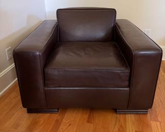 Pair of Chocolate Brown Leather Upholstered John Widdicomb Club Chairs in the Style of Jean-Michel Frank. Each Measures 36" W x 38" D with 17" Seat Height. Photo 1 of 4.