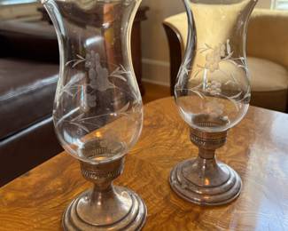 Sterling Silver Candleholders with Etch Glass Hurricane Lamp Inserts. Photo 1 of 2.
