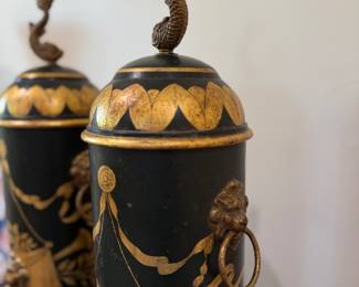 Pair of Vintage Italian Neoclassical Style Lidded Tole Urns. Photo 2 of 2.