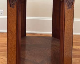 Art Deco Octagon Walnut Side Table with Hand Carved Detail & Mother-of-Pearl Inlay by Paul Follot, 1920s. Measures 19" x 23" x 24" H. Photo 1 of 5.
