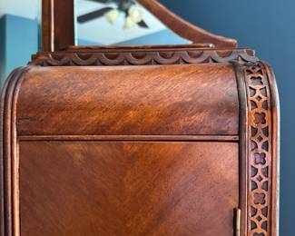 Art Deco Waterfall Chifferobe / Drop Down Secretary. Circa 1930s. Mahogany, Walnut Burl and Satinwood Banding. Has Two Cedar Lined Cabinets. Measures 40" W x 20" D x 70" H. Photo 2 of 8.