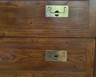 Pair of Vintage Henredon Campaign Chests Each with Removable Campaign-Style Vitrine. Each Cabinet Measures 32" W x 18" D x 28" H. Each Vitrine Measures 32" W x 14" D x 52" H. One Cabinet Has Wonky Hinge. Photo 3 of 6.