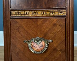 Pair of Art Deco Walnut Waterfall Side / Bedside Tables with Shell Drawer Pulls and Satinwood Banding. Each Measures 14" W x 18" D x 28" H. Photo 3 of 4.