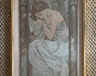 "Repos De La Nuit - The Four Times of the Day," Original Color Lithograph Printed on Silk, 1899. Alfons Marie Mucha (Czech 1860 - 1839).