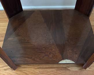Art Deco Octagon Walnut Side Table with Hand Carved Detail & Mother-of-Pearl Inlay by Paul Follot, 1920s. Measures 19" x 23" x 24" H. Photo 5 of 5.