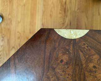 Art Deco Octagon Walnut Side Table with Hand Carved Detail & Mother-of-Pearl Inlay by Paul Follot, 1920s. Measures 19" x 23" x 24" H. Photo 3 of 5.