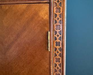 Art Deco Waterfall Chifferobe / Drop Down Secretary. Circa 1930s. Mahogany, Walnut Burl and Satinwood Banding. Has Two Cedar Lined Cabinets. Measures 40" W x 20" D x 70" H. Photo 3 of 8.