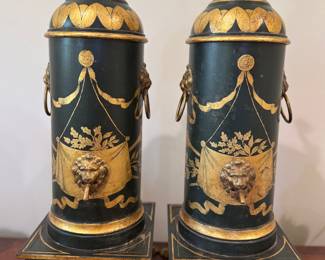 Pair of Vintage Italian Neoclassical Style Lidded Tole Urns. Photo 1 of 2.