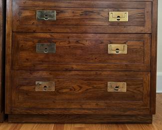 Pair of Vintage Henredon Campaign Chests Each with Removable Campaign-Style Vitrine. Each Cabinet Measures 32" W x 18" D x 28" H. Each Vitrine Measures 32" W x 14" D x 52" H. One Cabinet Has Wonky Hinge. Photo 2 of 6.