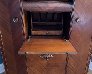 Art Deco Waterfall Chifferobe / Drop Down Secretary. Circa 1930s. Mahogany, Walnut Burl and Satinwood Banding. Has Two Cedar Lined Cabinets. Measures 40" W x 20" D x 70" H. Photo 7 of 8.