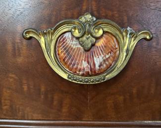 Pair of Art Deco Walnut Waterfall Side / Bedside Tables with Shell Drawer Pulls and Satinwood Banding. Each Measures 14" W x 18" D x 28" H. Photo 4 of 4.