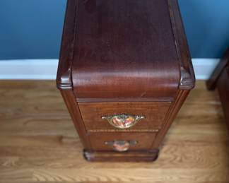 Pair of Art Deco Walnut Waterfall Side / Bedside Tables with Shell Drawer Pulls and Satinwood Banding. Each Measures 14" W x 18" D x 28" H. Photo 2 of 4.