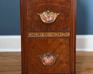 Pair of Art Deco Walnut Waterfall Side / Bedside Tables with Shell Drawer Pulls and Satinwood Banding. Each Measures 14" W x 18" D x 28" H. Photo 1 of 4.