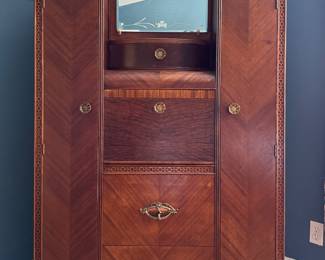 Art Deco Waterfall Chifferobe / Drop Down Secretary. Circa 1930s. Mahogany, Walnut Burl and Satinwood Banding. Has Two Cedar Lined Cabinets. Measures 40" W x 20" D x 70" H. Photo 1 of 8.