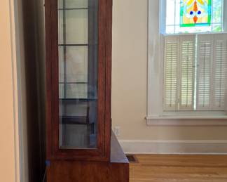 Pair of Vintage Henredon Campaign Chests Each with Removable Campaign-Style Vitrine. Each Cabinet Measures 32" W x 18" D x 28" H. Each Vitrine Measures 32" W x 14" D x 52" H. One Cabinet Has Wonky Hinge. Photo 4 of 6.