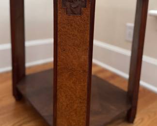 Art Deco Octagon Walnut Side Table with Hand Carved Detail & Mother-of-Pearl Inlay by Paul Follot, 1920s. Measures 19" x 23" x 24" H. Photo 4 of 5.