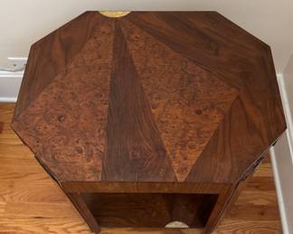 Art Deco Octagon Walnut Side Table with Hand Carved Detail & Mother-of-Pearl Inlay by Paul Follot, 1920s. Measures 19" x 23" x 24" H. Photo 2 of 5.