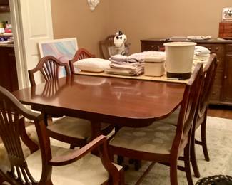 Duncan Phyfe mahogany dining room table with leaf, pad, and 8 chairs
