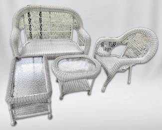 White Faux Wicker Side Tables, Chair Bench
