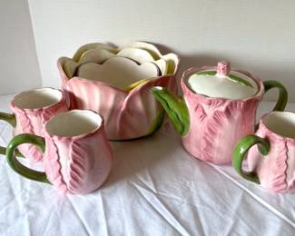 Flower Tea Pot, Tea Cups, And Serving Bowls