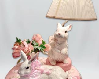Rabbit Lamp Ceramic Figure, And Vase With Faux Flower Arrangement