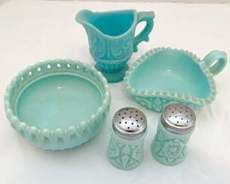 Fostoria Blue Milk Glass Salt Pepper Shakers, Candy Dishes, Portieux Milk Glass Creamer Pitcher