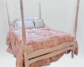 White and Pink Bed Frame, Floral Bedding, FullSize Mattress